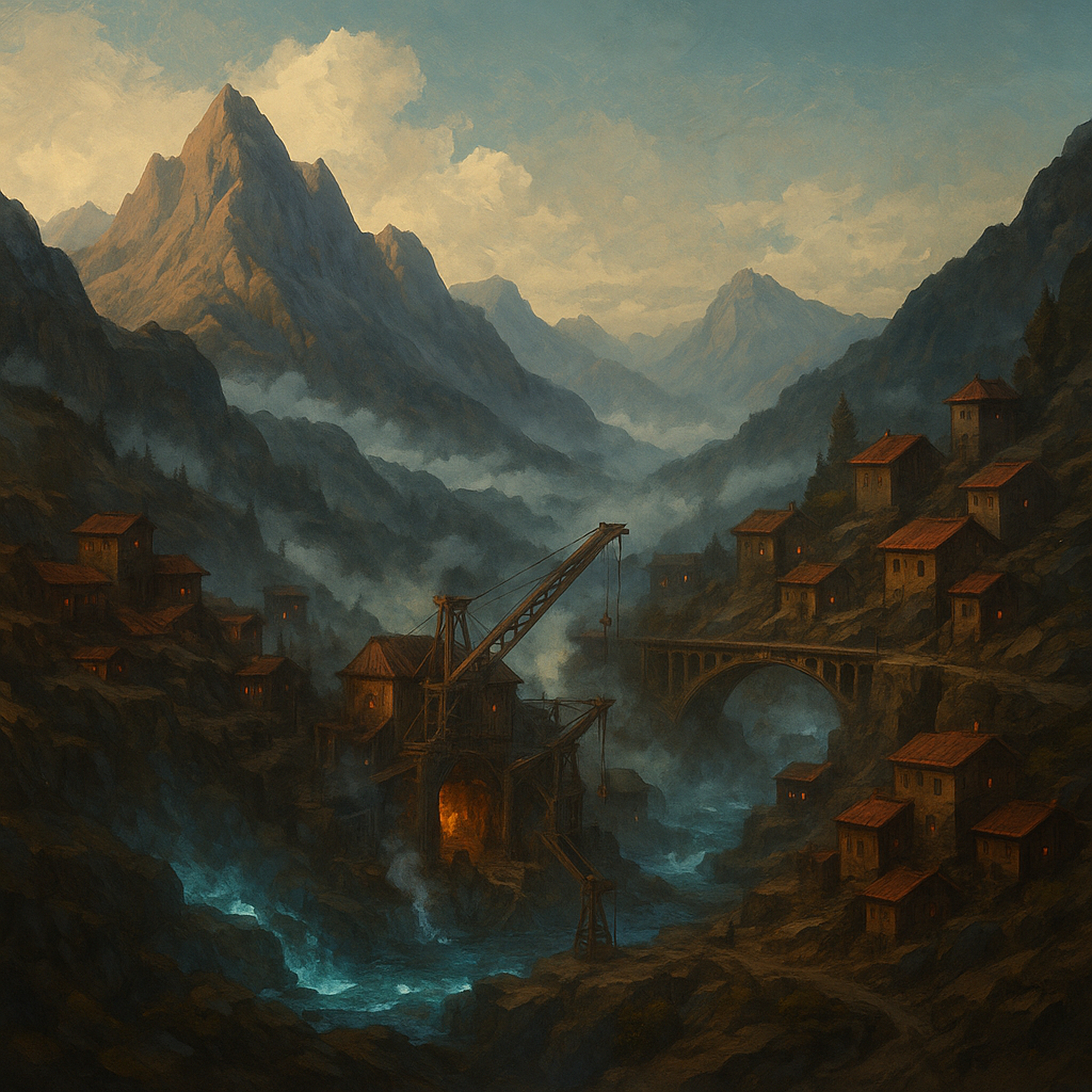 Panoramic view of the Ceristanna region with misty mountain ridges, cliffside settlements, and glowing mineral veins at twilight.