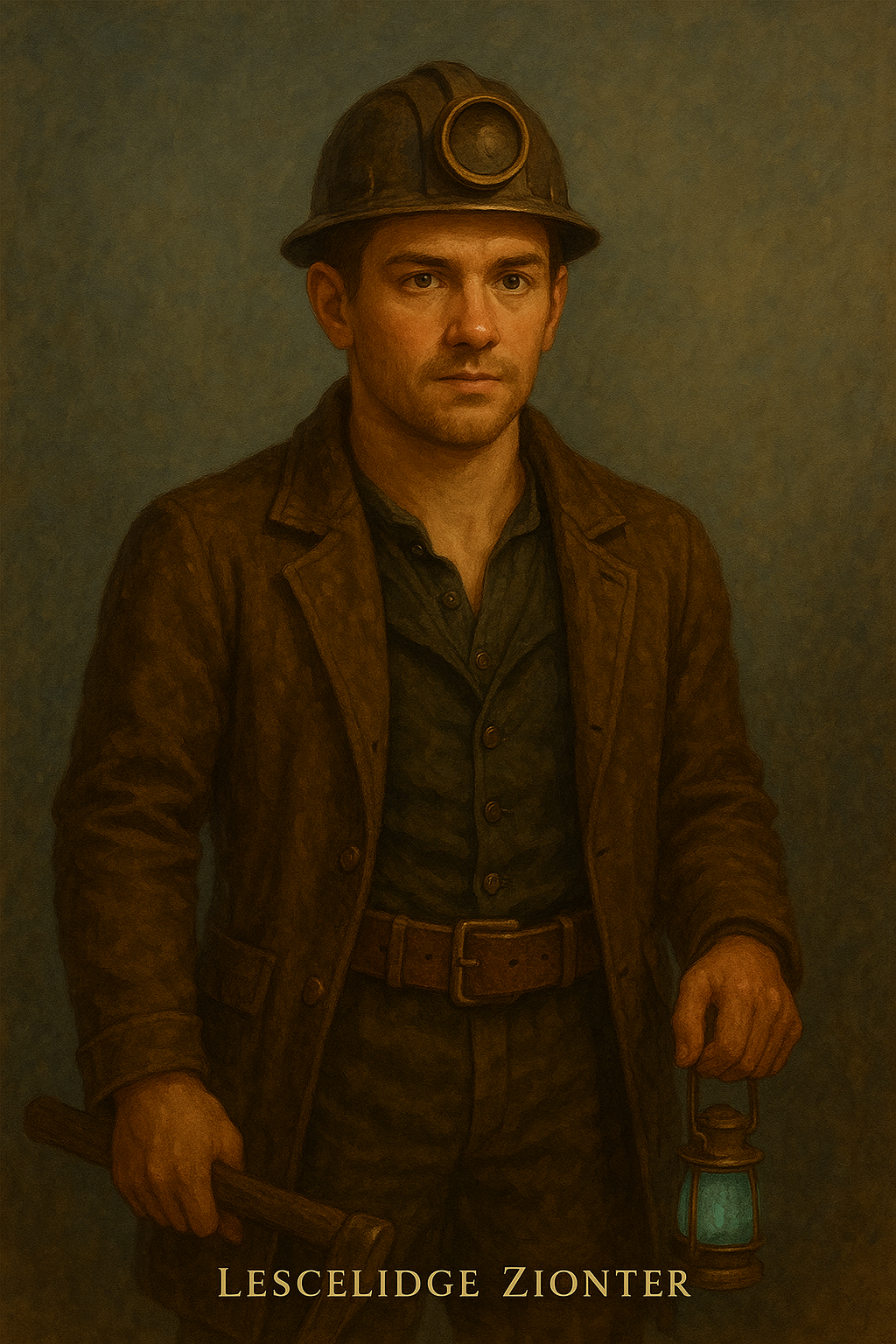 Portrait of Lescelidge Zionter, a young miner with short dark red-brown hair and a very short beard, holding a lantern.